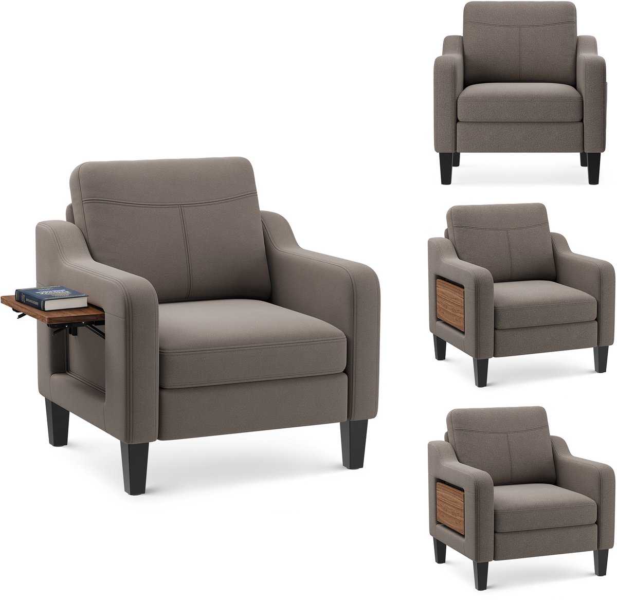 COLAMY stoffen fauteuil met houten zijpanelen - sterk draagvermogen 136 kg - comfortabel en stevig - bruin