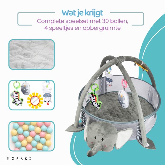 Moraki - Babygym - Olifant Speelkleed 3 in 1 met Ballenbak Dierenhangers en Muziek - Speelmat - Zacht - Vanaf 0 Maanden van Merkloos — afbeelding 2