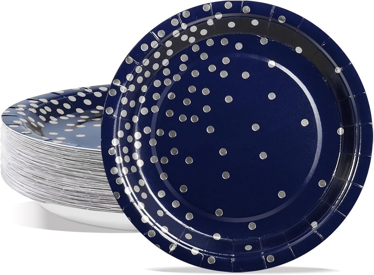 Papieren Borden - Papieren Bord - Gebaksbordjes - Bordjes - Wegwerp borden - Feest/verjaardag/BBQ borden - Dessertbordjes - Papieren Bordjes - Taartborden - Feestborden - Donkerblauw Zilver - 18 cm - 50 Stuks - van Imperatoris
