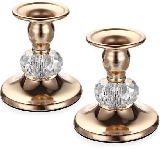 Goudkleurige metalen kandelaar set van 2 met kristal detail – kandelaars voor dames en heren – klassieke kaarsenhouders met ronde voet en decoratieve transparante middenstuk voor tafeldecoratie