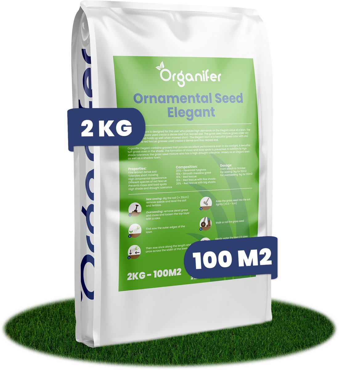 Siergazon Graszaad - Elegant - 2 kg - 100 m2 - Graszaad Snelkiemend - Graszaad Schaduw - Gazonzaad - Graszaden - NAK Gecertificeerd - Sterk Zelfherstellend - Jaarrond Donkergroene Kleur - Perfect voor Tuin, Park & Siertuin