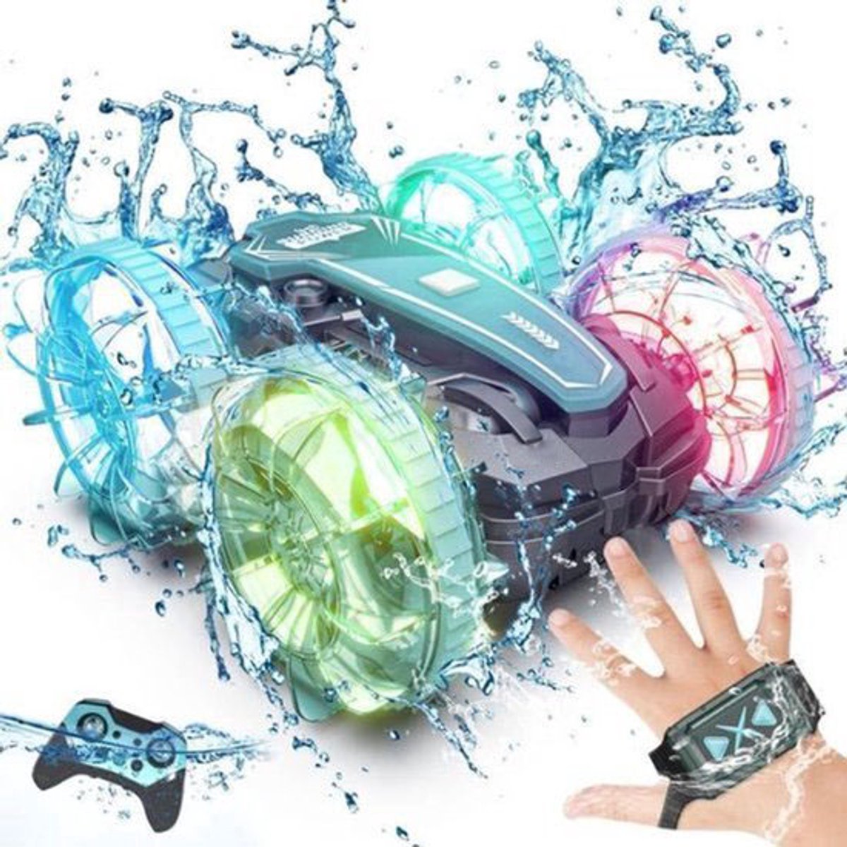 Bestuurbare Auto All-Terrain - Waterdichte RC Amfibie Stuntauto met Handgebaar Sensor - 360° Draaiend - LED Verlichting - 2.4GHz - Blauw