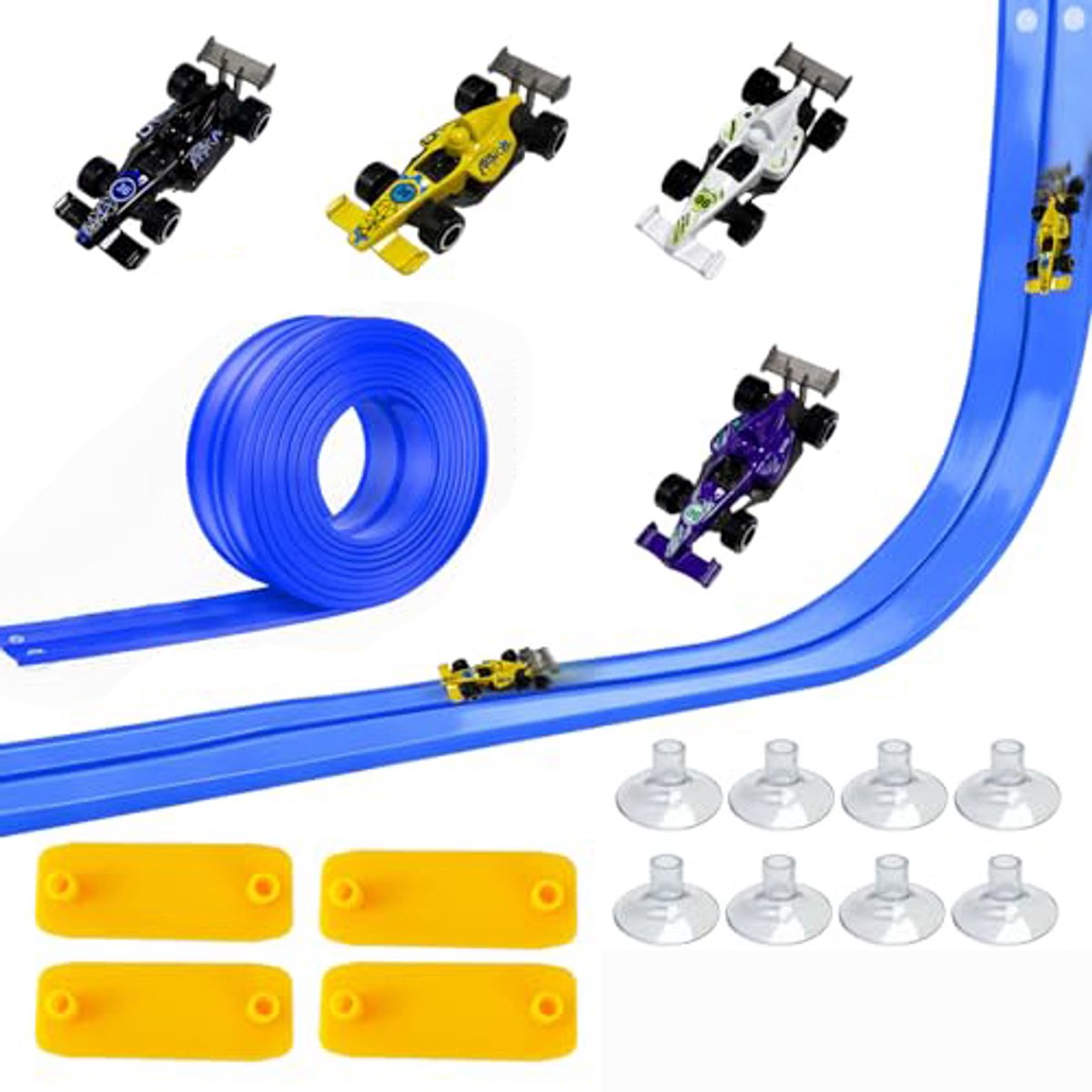Flexibele autobaan 5m met 4 gegoten auto's, autoracebaan speelgoed, met 8 zuignappen en 4 connectoren, oprolbare draagbare racebaan voor ramen en deuren, cadeaus voor jongens en meisjes, blauw