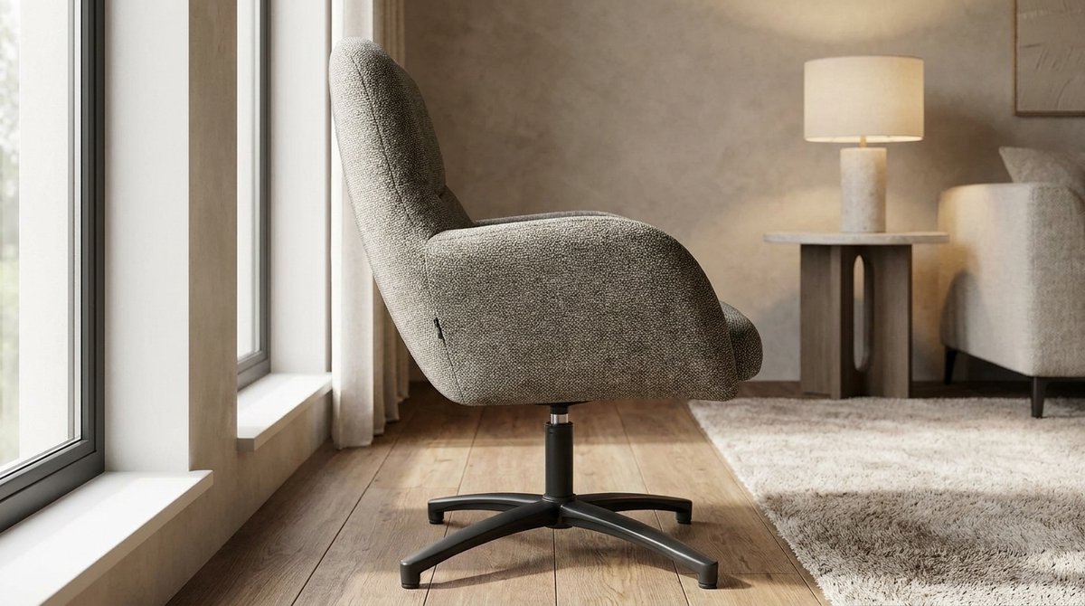 Fauteuil draaibaar - House&Garden Cozy Lounge Luxe Bouclé Relaxfauteuil met 360° Draaifunctie en Armleuningen - Mushroom Royal Bouclé - Zwart Metalen Onderstel - 68x73x90 cm