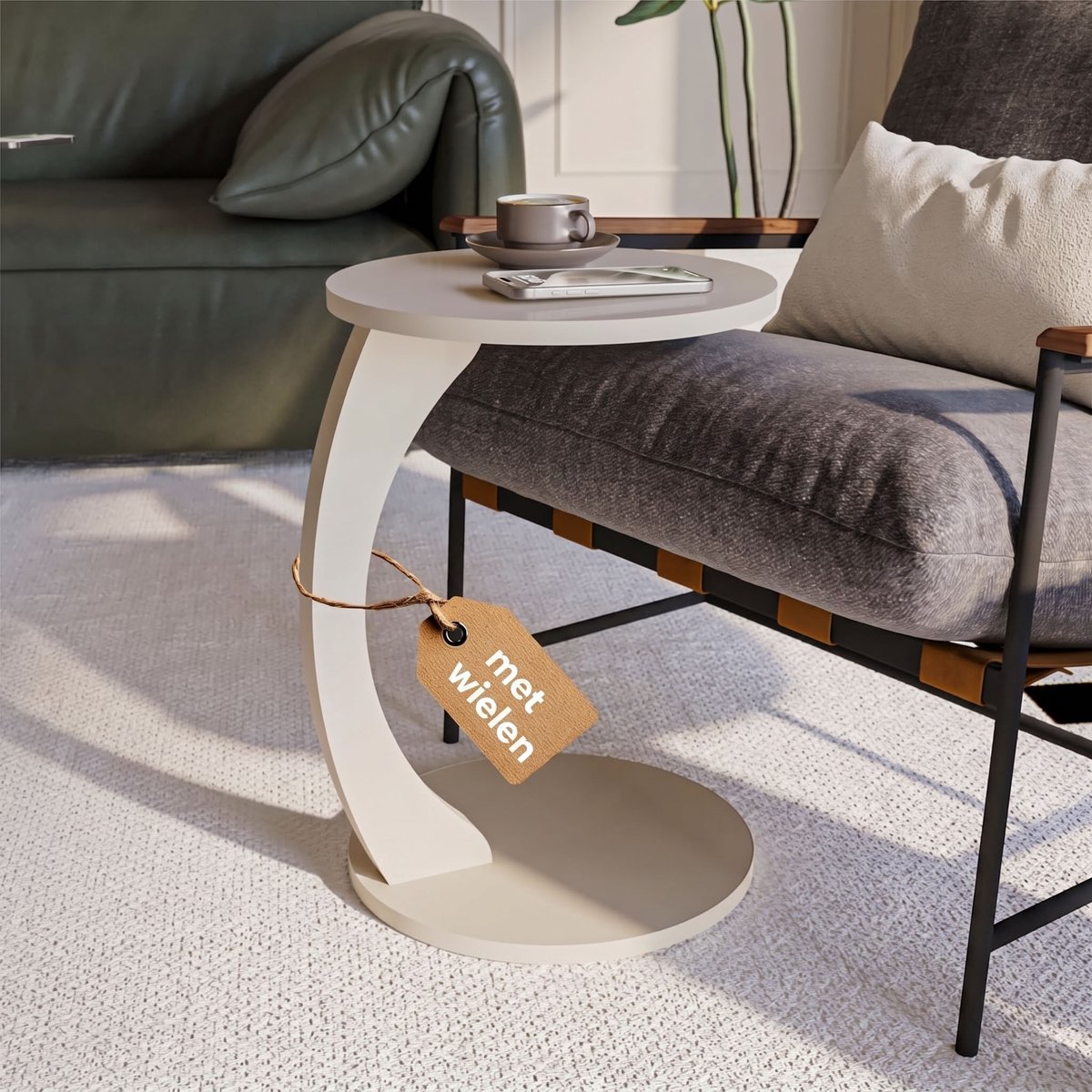 sugodesign Bijzettafel met Wielen – C-vormige Banktafel – Ronde Salontafel voor Woonkamer – Zandbeige