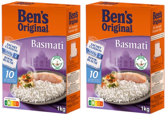 Deux boîtes de riz Basmati Ben's Original, chacune avec 8 sachets cuisson de 125g. La face avant montre une assiette de riz basmati blanc avec du saumon et des légumes.