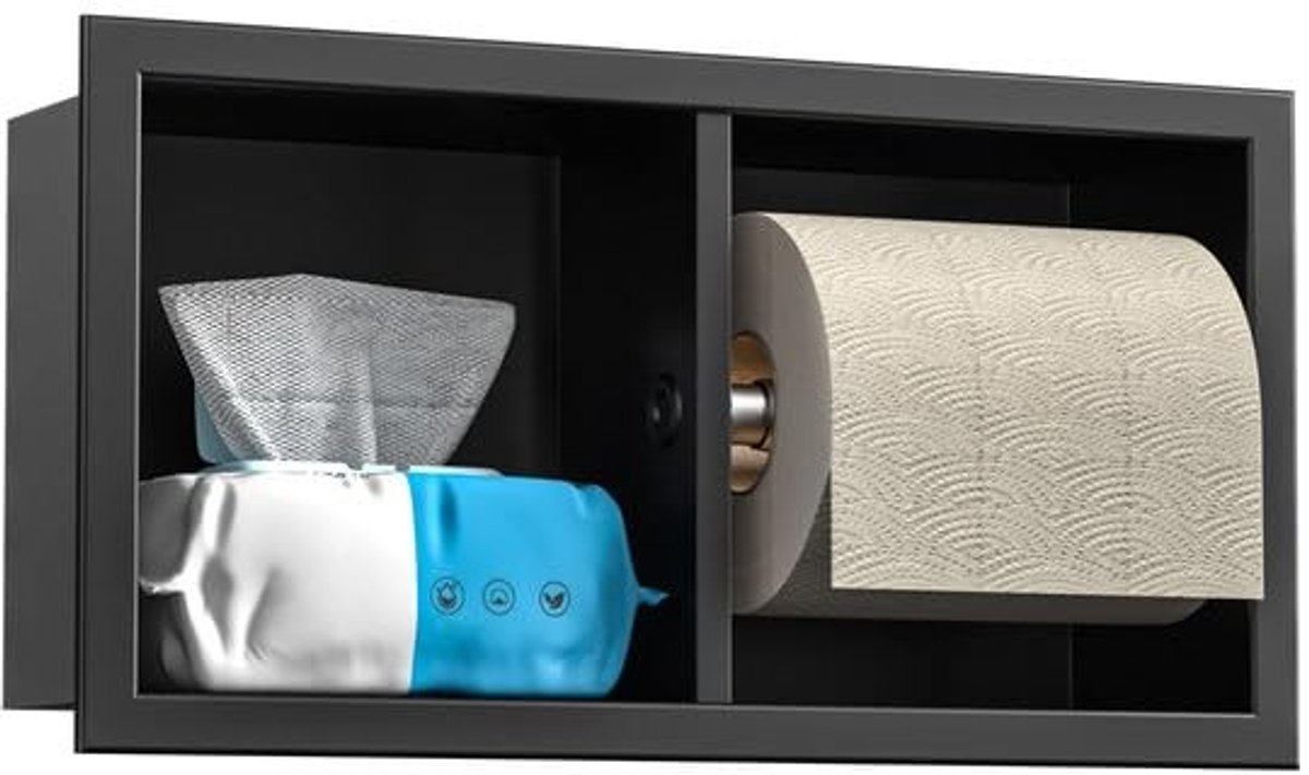 Dailygoody - Inbouw toiletpapierhouder - Roestvrij staal - Duurzaam en stijlvol - Zwart - Opslag voor wc-papier - Geschikt voor badkamer - Compact mod