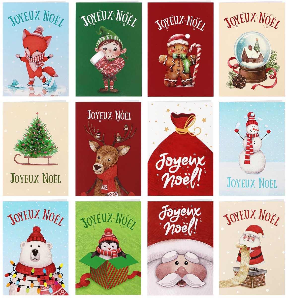 Dailygoody - Kerstkaarten - 12 Franse kerstkaarten - Perfect voor vrienden - Inclusief enveloppen - Cadeau voor Kerstmis - Voor een feestelijke boodsc