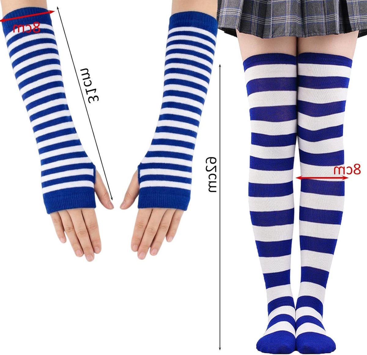 Gestreepte Kniesokken en Lange Brei Handschoenen Set voor Feestkostuum en Cosplay Accessoires