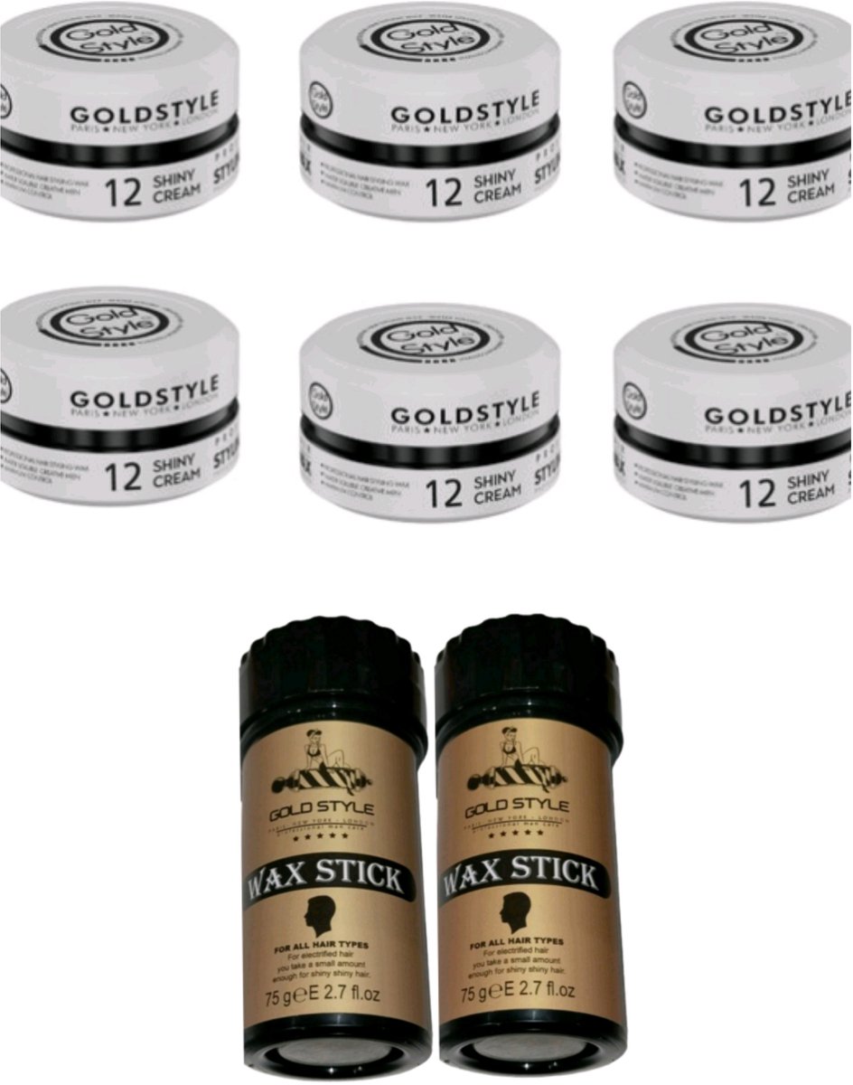 Gold Style Haar Wax 12 SHINY CREAM (6 Stuks) 900ML + 2 x 75 Gram Gold Style Wax stick - Haar wax Mannen - Styling Wax - Wax stick - haar stick