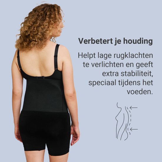 Zijaanzicht van een vrouw die een zwarte buikband draagt. Tekst: 'Verbetert je houding'.