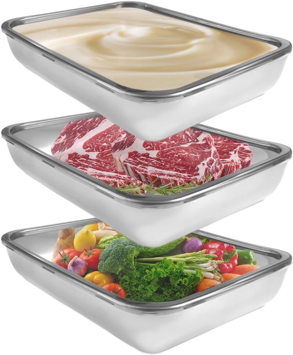 Set van 3 RVS Vleesdozen 25.5x20x5cm met Luchtdichte Deksel voor Vlees, Kaas en Fruit, Ideaal voor Koelkastopslag