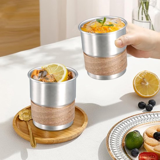 RVS Bekers met Houten Deksel, Set van 4, 300 ml, Herbruikbare Camping- en Reisbekers, Lichtgewicht en Stapelbaar voor Feestjes en Koffie — afbeelding 4