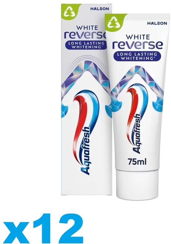 Aquafresh White Reverse tandpasta, 75ml tube en verpakking, met blauwe, witte en rode golvende lijnen.