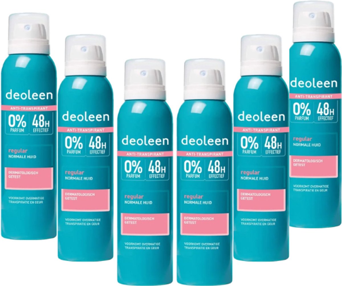 Deoleen Anti-transpirant - Aerosol Regular - Voorkomt overmatige transpiratie en transpiratiegeur - 48 uur effectief - 0% parfum - Dermatologisch getest - Deodorant -Voordeelverpakking 6x 150 ml