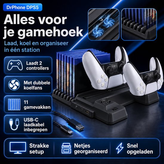 DrPhone DPS3 - Station de charge pour PS5 DISK / Version numérique - Fonction de refroidissement - Dongle contrôleur + Système de stockage de jeu - Wit