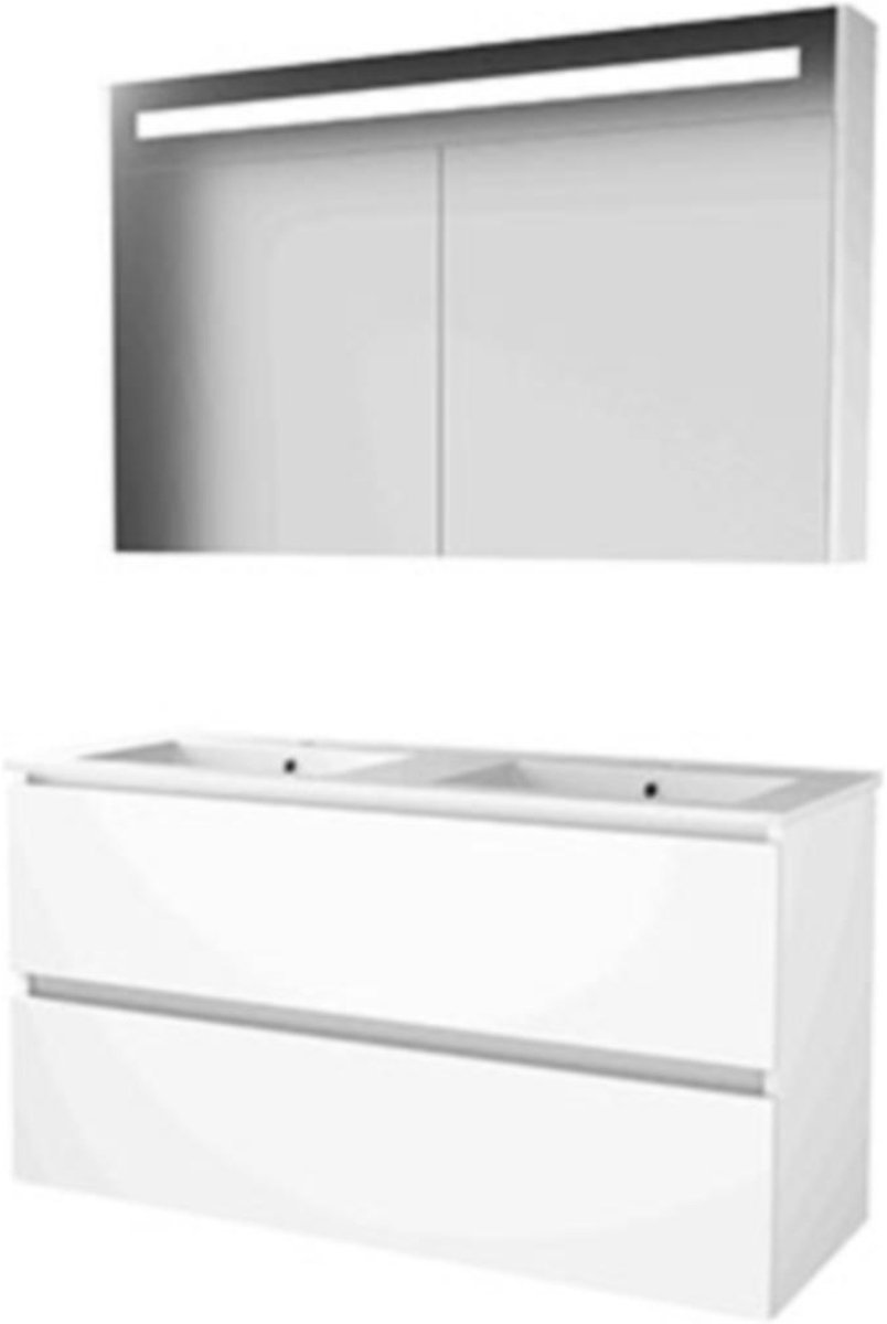 Basic-Line Premium 46 Badkamermeubelset - 120 x 46 cm - Greeploos - 2 Lades - Keramische Wastafel - 2 Kraangaten - Spiegelkast met LED Verlichting - Ice White