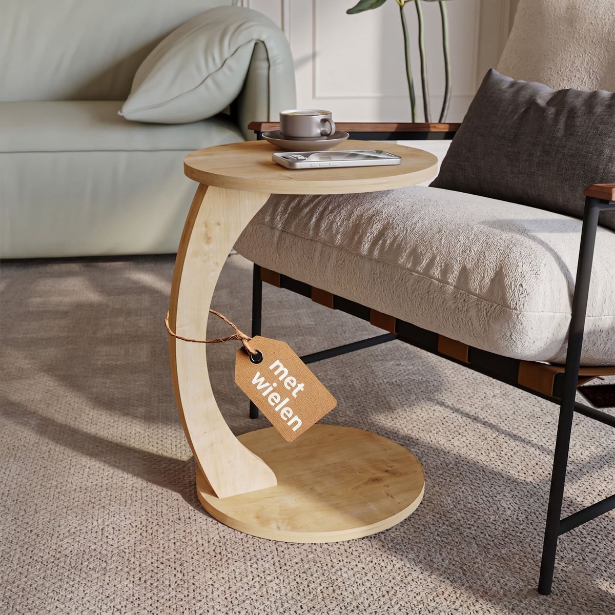 sugodesign Bijzettafel met Wielen – C-vormige Banktafel – Ronde Salontafel voor Woonkamer – Eikenlook