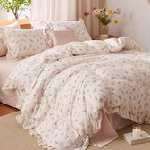 Romantisch Dekbedovertrek met Roze Bloemen & Ruches – Zacht Microvezel Beddengoed – Inclusief Kussenslopen – Met Ritssluiting – Wit/Roze