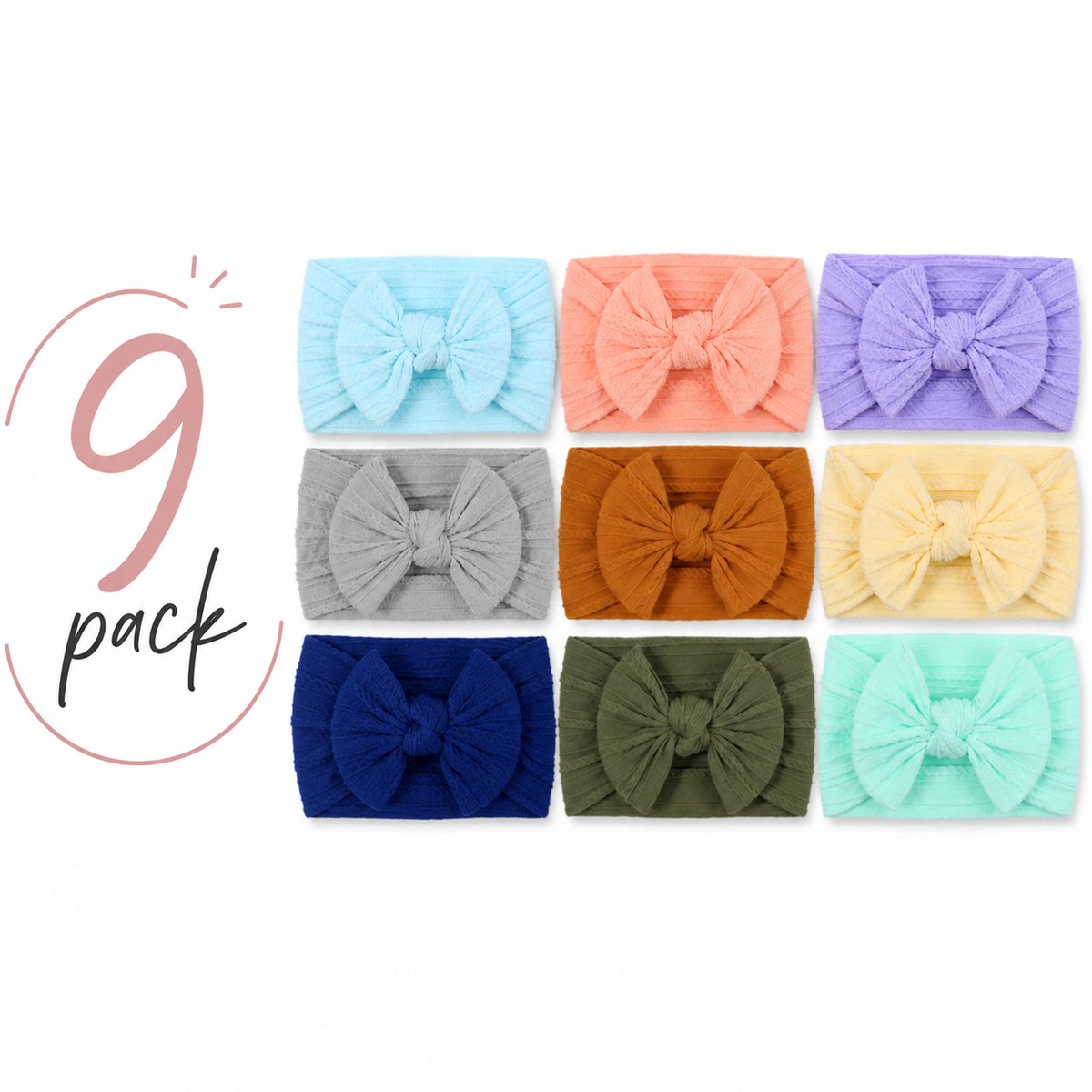 Haar in Stijl® | Haarband Heidi 9 pack - Brede en zachte baby haarband met een strik - haaraccessoires voor meisjes kinderen groen blauw grijs bruin geel zalm paars