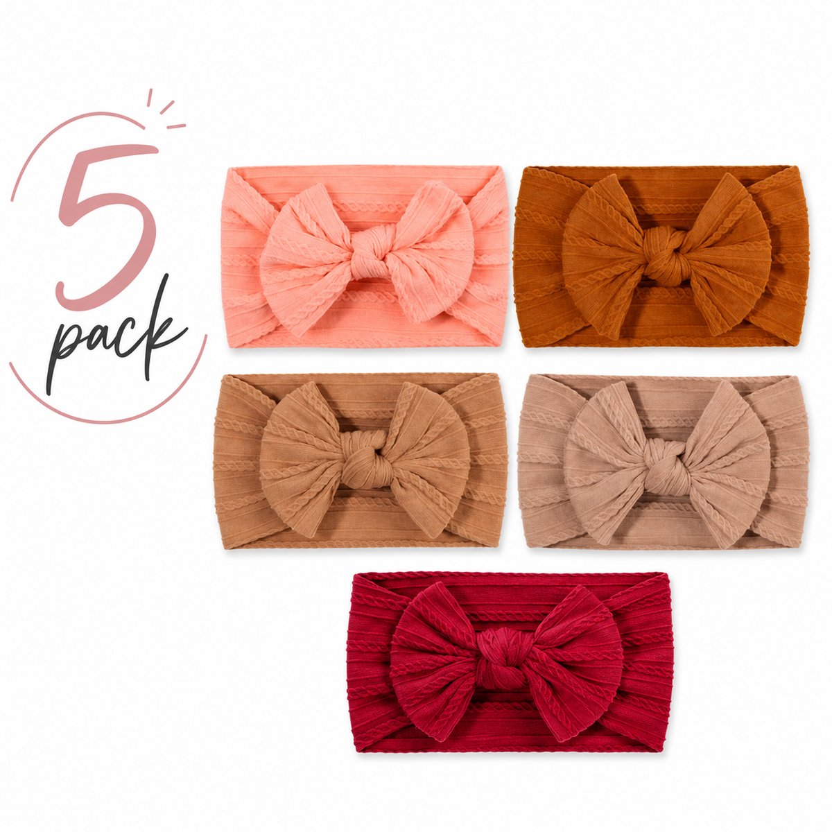 Haar in Stijl Haarband Heidi 5 pack - Brede en zachte baby haarband met een strik | haaraccessoires voor meisjes kinderen | bordeaux zalm lichtbruin honing beige