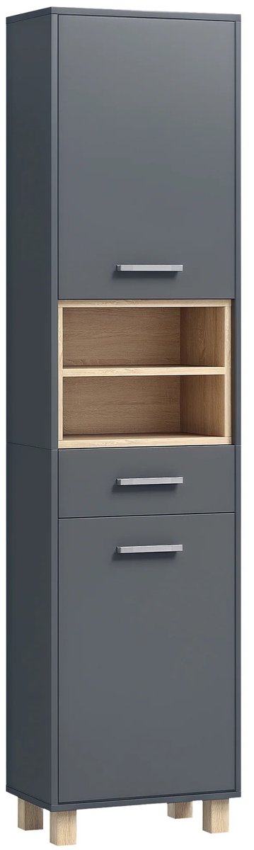 CINK Living® Hoge Badkamerkast - Smalle Opbergkast met Lade & Open Vakken - Moderne Kolomkast voor Badkamer, Keuken of Hal - Grijs/Eiken 160 cm