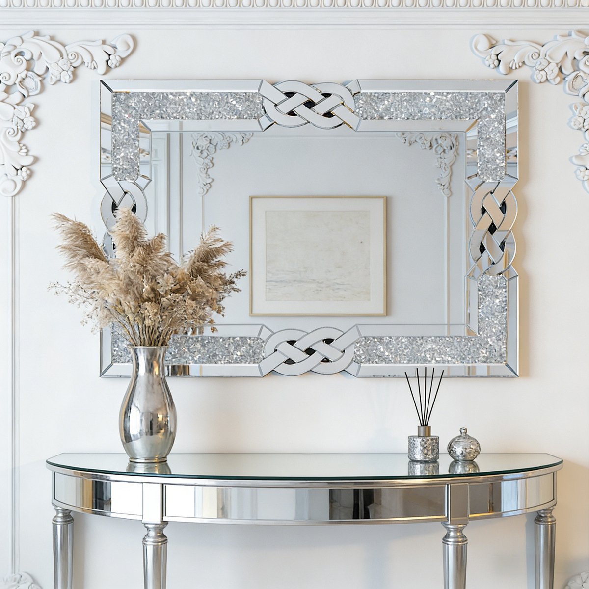 Artloge Wandspiegel - Wandspiegel Woonkamer Diamant - Luxe spiegel met Verpletterde Diamanten - Rechthoekige Zilveren Spiegel 90 x 60 cm - Moderne Wanddecoratie voor Woonkamer, Slaapkamer, Hal - Grote Spiegel Woonkamer