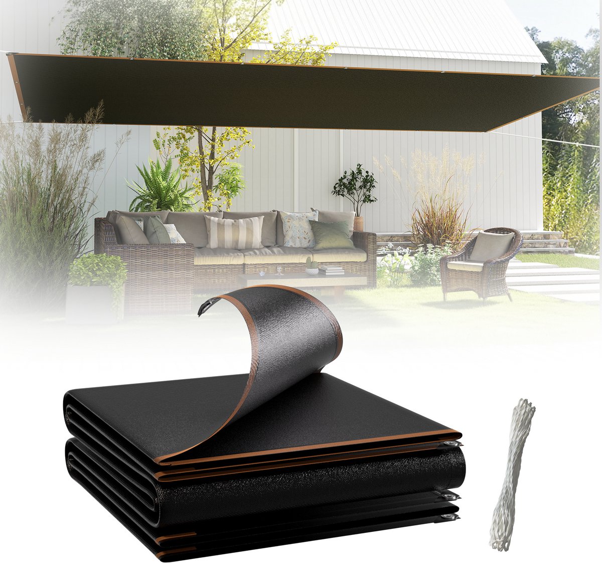 Zonnezeil 3x5m Rechthoekig, Schaduwzeilen met Inslagringen en 12m Bevestigingskoord, Windafstotend Schaduwnet van 150g/m² HDPE, UV-Bescherming Schaduwdispenser voor Terras/Balkon/Zwembad, NAIZY