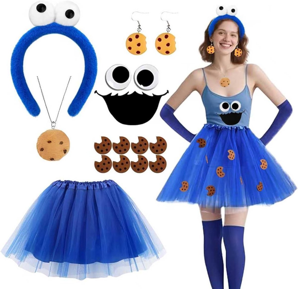 Vrouwelijk Kostuum met Blauw Tulle Rok en Monster Accessoires voor Carnaval en Halloween Cosplay
