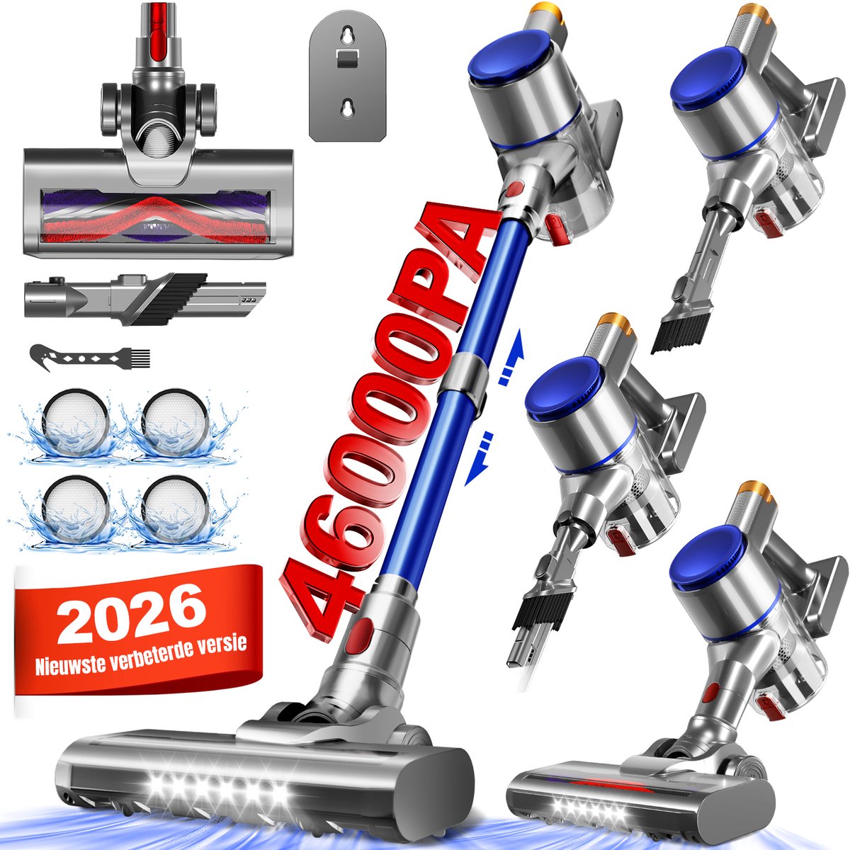 Elekiatech Steelstofzuiger - 46000Pa - 50 Minuten Gebruikstijd - 8 Kegel Filtersysteem Steelstofzuiger Draadloos - 1,5 L Stofbak - 2200 mAh Accu - voor Tapijten en Harde Vloere - Blauw