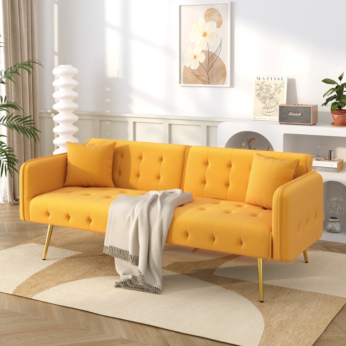 Slaapbank 2 Persoons - Verstelbare rugleuning - Gouden poten - Zetelbed - Vouwbed - 178x82x70 cm - Flueel - comfortabel - Geel