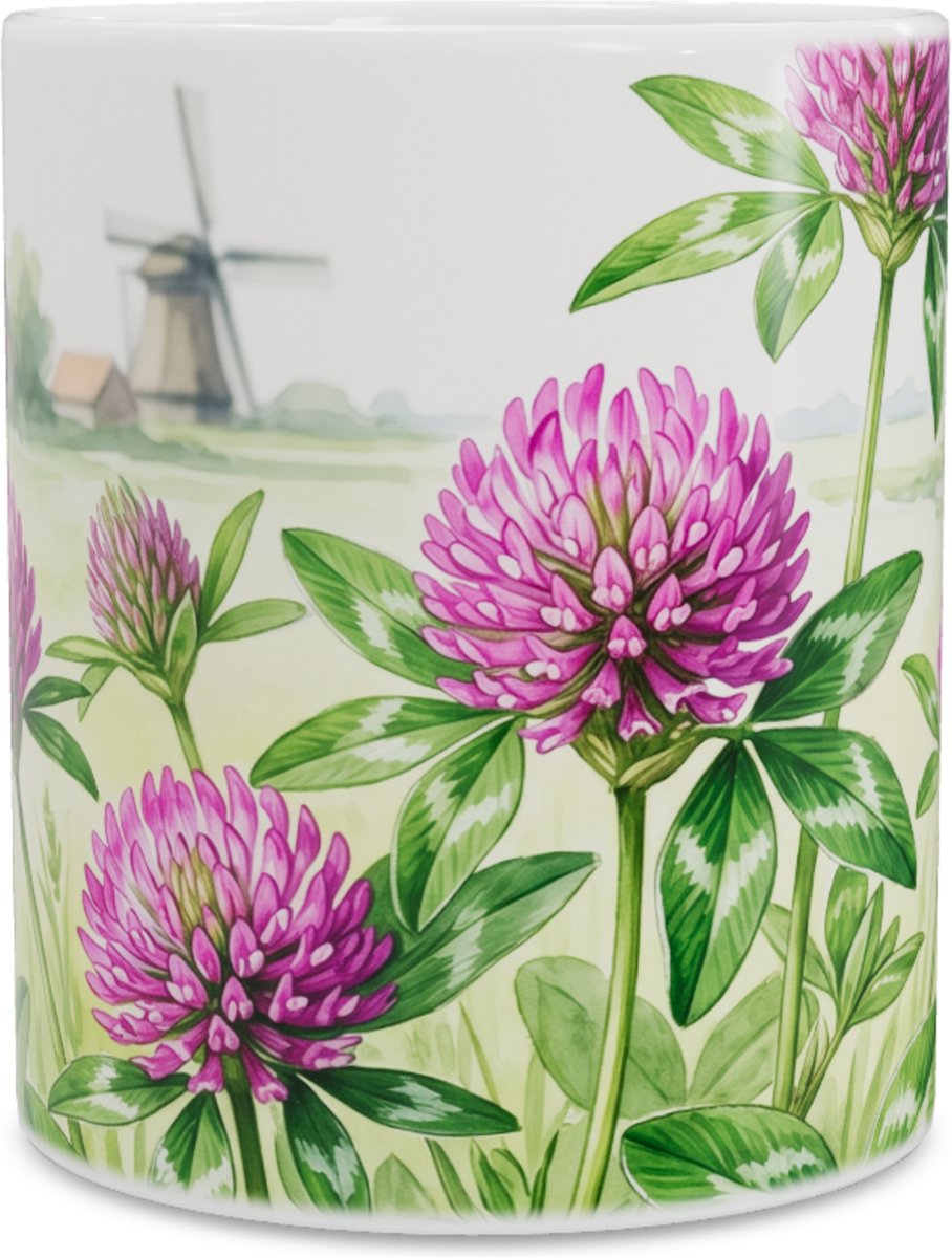 Mok Rode Klaver en Molen - Aquarel Landschap - Botanische Illustratie Polder