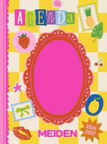 Agenda met de titel 'AGENDA MEIDEN' en een centraal ovaal frame, versierd met fruit en stickers.