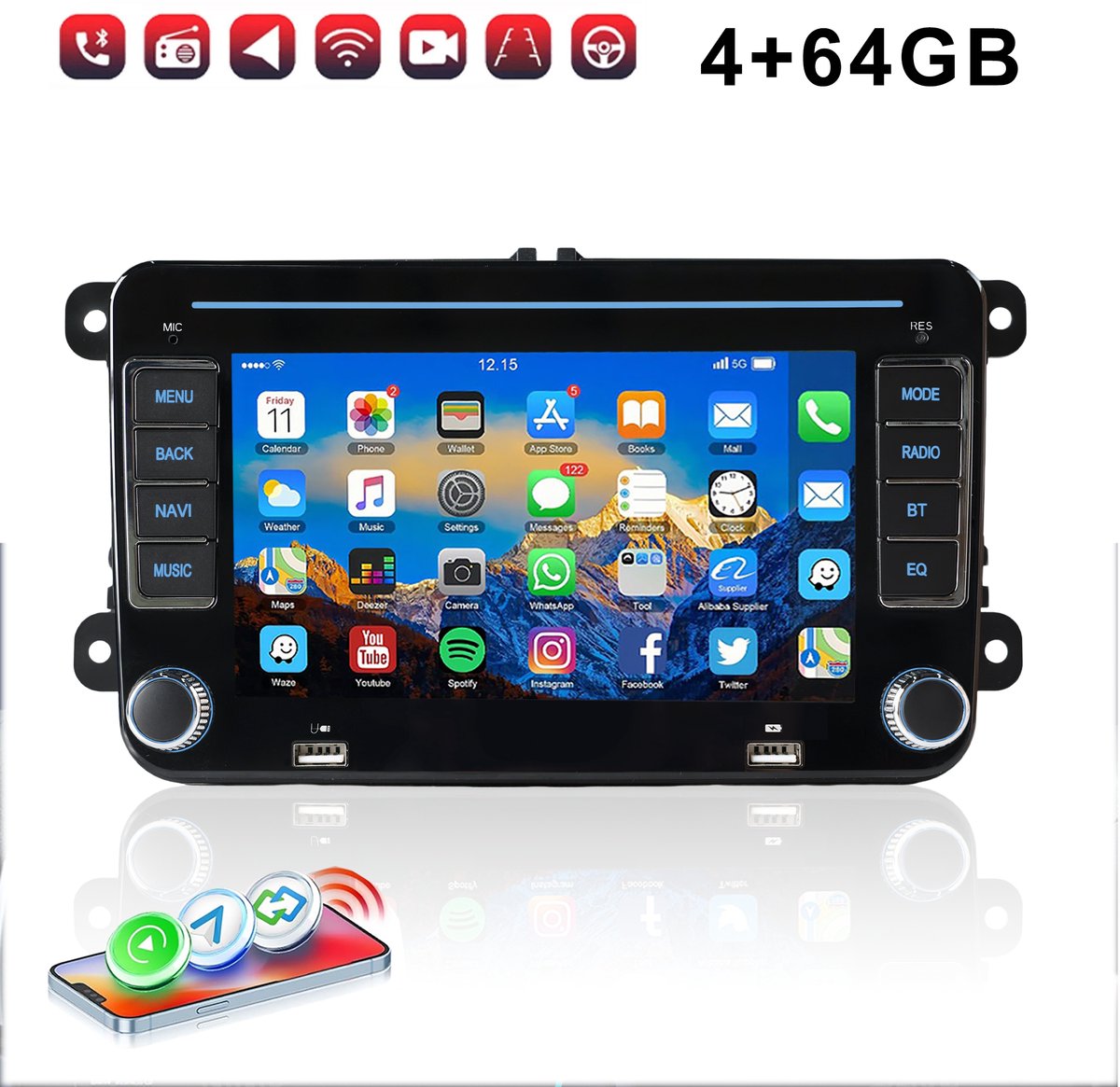 ESSGOO VW Autoradio - Geschikt voor Volkswagen, Skoda & Seat - Apple Carplay & Android Auto - Android 15 - 4+64GB - 7 Inch HD Touchscreen - Bluetooth, USB, WiFi & SWC - GPS Navigatiesysteem