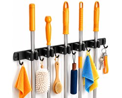 BOTC Bezemhouder - Bezem Ophangsysteem Tuingereedschap - 5 Houders 6 Haken - 304 RVS - Gereedschapshouder - 3M Tape - Zwart
