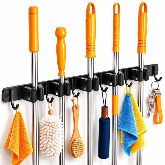 BOTC Hanging System Broom -Porte balai - 5 grilles 6 crochets porte serpillère et balai - Zwart - pour rangement, jardin, cuisine