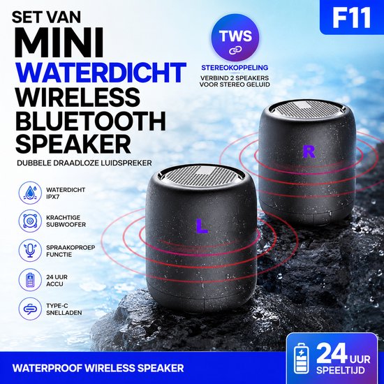 Set van 2 mini waterdichte Bluetooth speakers draadloos stereo TWS, handsfree bellen, type-C opladen, 12 uur batterij