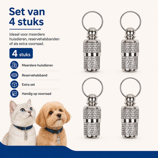 Set van vier zilverkleurige adreskokers, met op de achtergrond een kat en een hond.