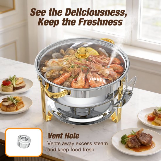 WARMOUNTS 6L Chafing Dish Set (4 Stuks) - Ronde Roestvrijstalen Warmhoudschalen met Glasdeksel, Stapelbaar Buffet Rechaud met Dekselhouder - Zilver & Goud, Voor Catering, Feest, Bruiloft — afbeelding 2