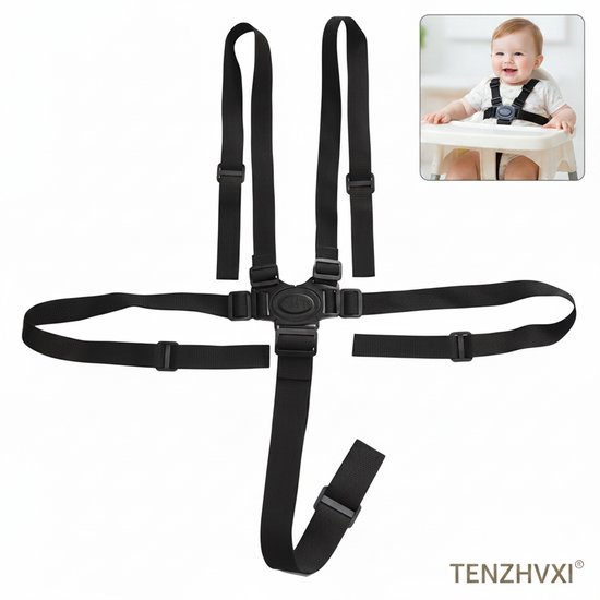 Zwart 5-punts kinderstoel tuigje met verstelbare banden en gespen, met kleine afbeelding van een baby in een kinderstoel.