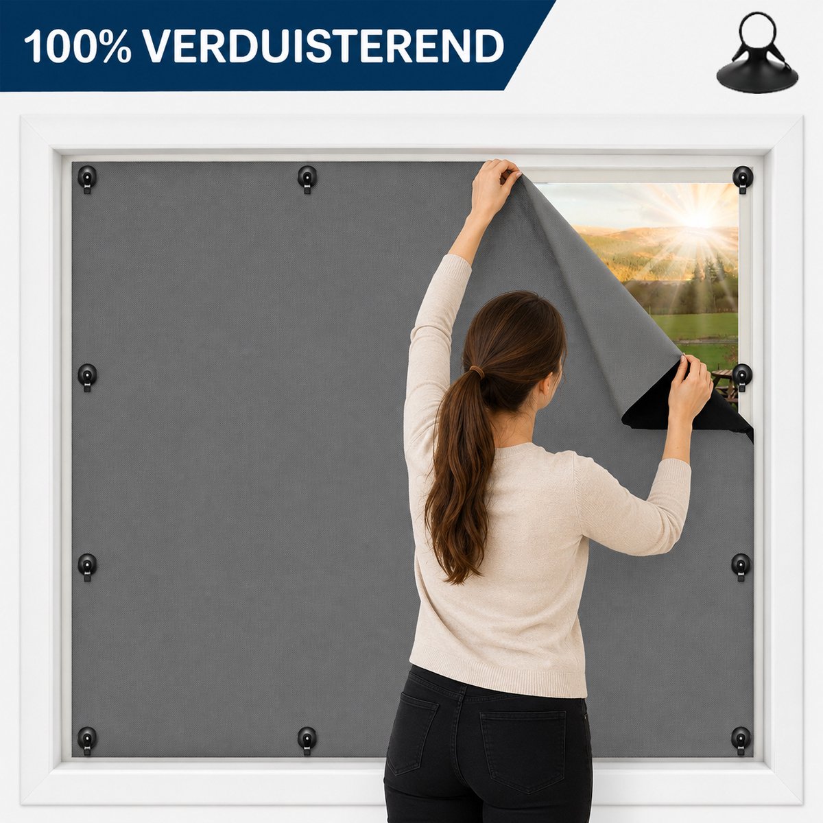 Qelus Verduisteringsgordijn met Zuignappen - 100% Verduisterend & Op Maat te Knippen - 140x80cm - Draagbaar Zonnescherm voor Slaapkamer, Reizen - Incl. Opbergtas - Zwart