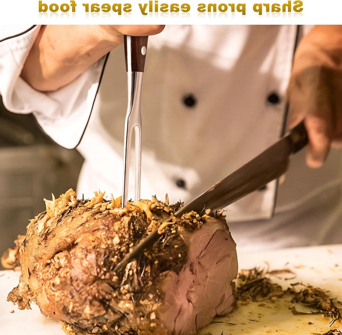 Robuuste RVS Snijvork met Houten Handvat - Perfect voor Kalkoen, Vlees, Barbecue en Grillen