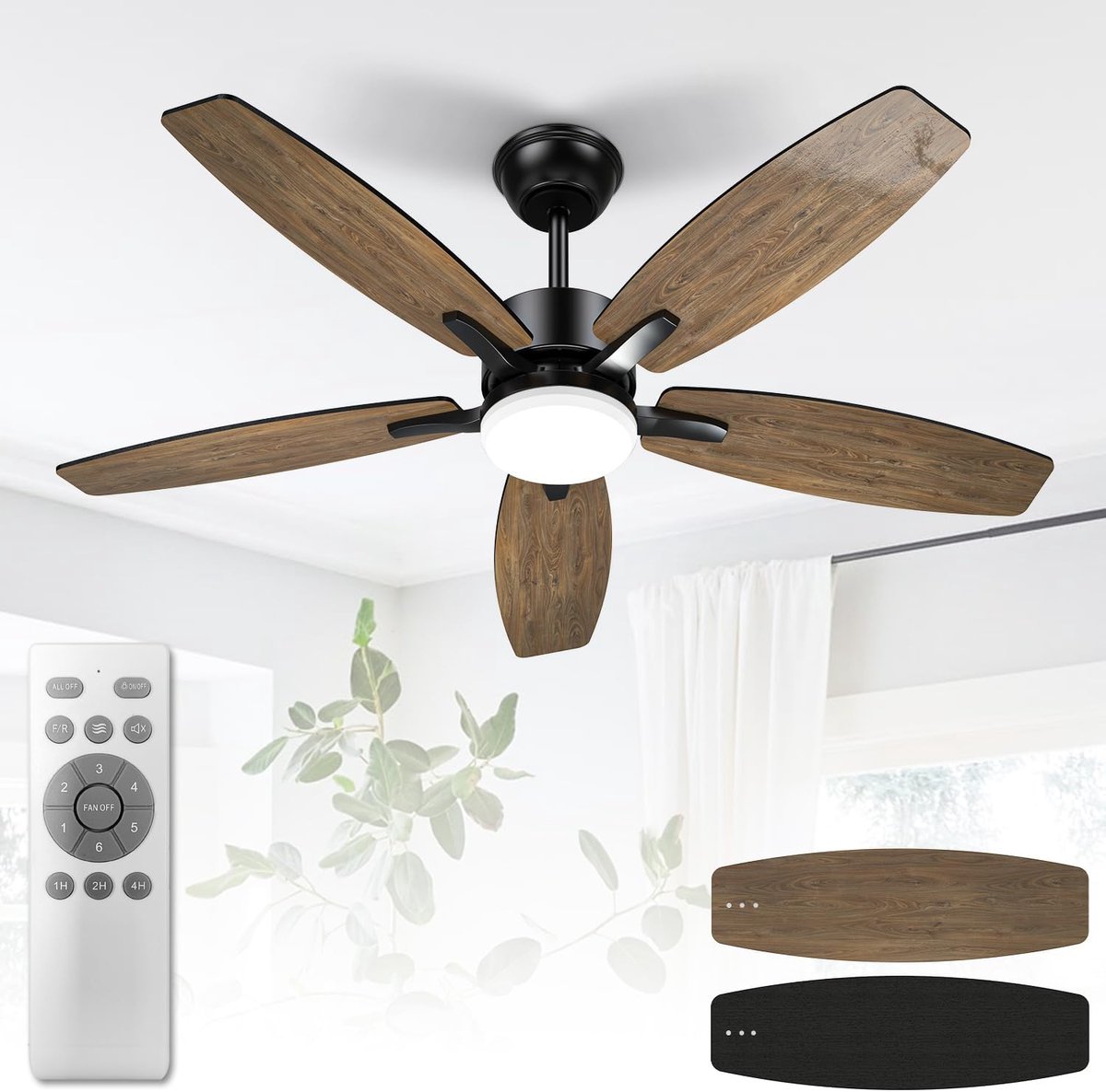 Plafondventilator met verlichting - Met Afstandsbediening - stille ventilator - 106 cm - plafondventilatoren - met 5 houten ventilatorbladen - houtnerf/zwart - voor slaapkamer en woonkamer
