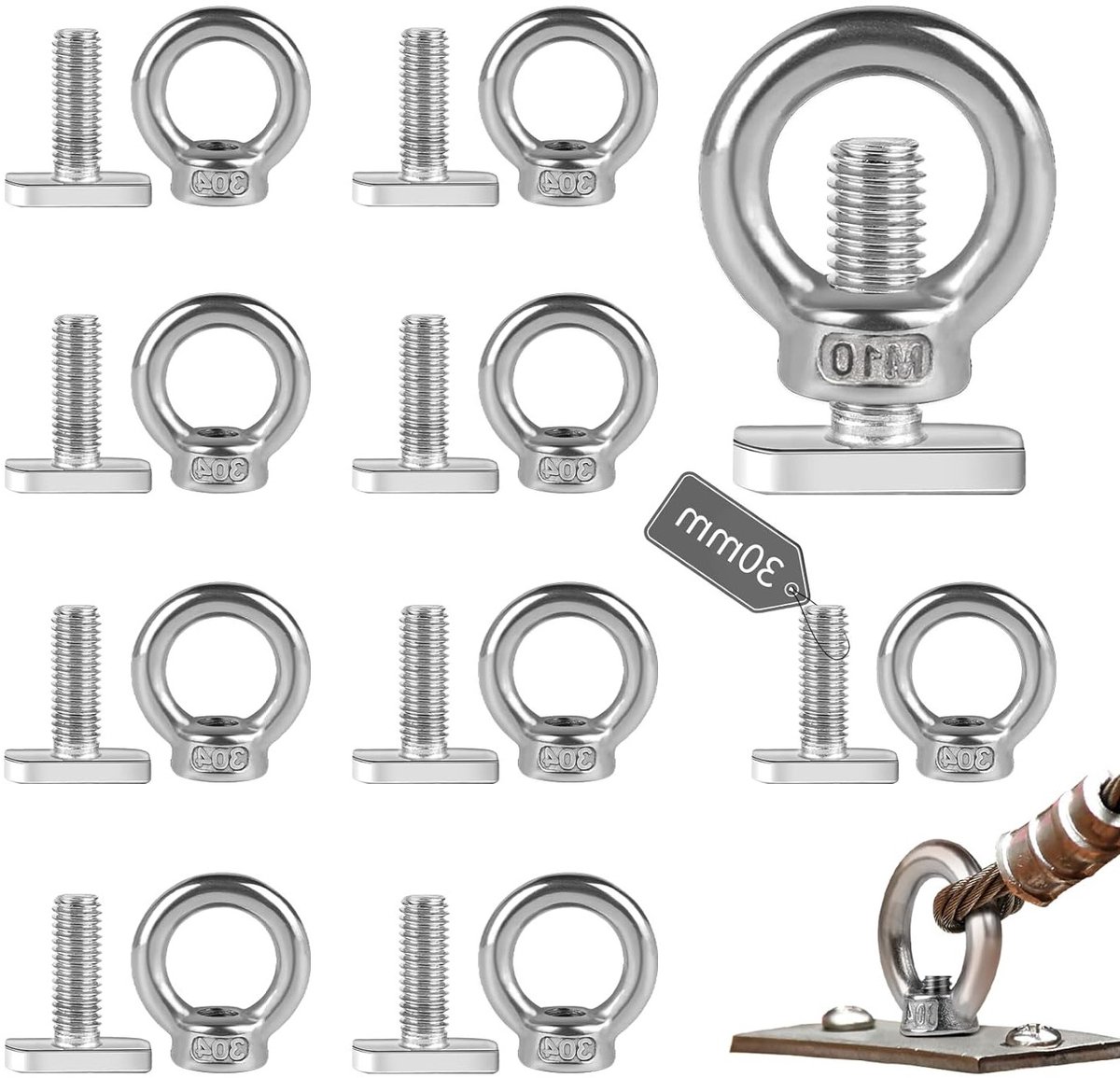 Set van 10 Ringen M10 x 30mm Roestvrij Staal voor Trailers, Kassen en Plantsteunen
