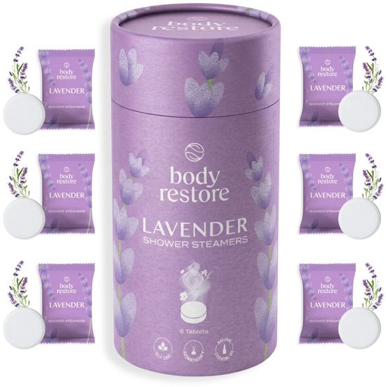 Cylindre de 6 pastilles de douche lavande Body Restore, avec des emballages individuels.