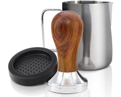 Espresso tamper 51 mm van hoogwaardig roestvrij staal met houten handvat, inclusief tampermat en melkkan [350 ml] - complete barista set voor koffieliefhebbers en thuisbarista's