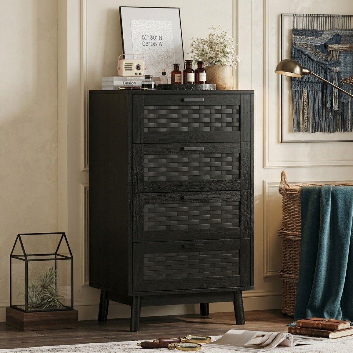 Commode met 4 lades, keukenkast 55x40x95 cm, moderne opbergkast van hout en rotan, dressoir voor slaapkamer, woonkamer, hal, Zwart
