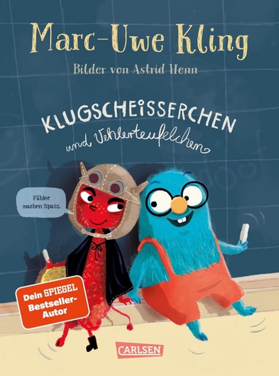 Boekomslag met een rood duiveltje met helm en bril en een blauw monster met bril en overall. Tekst: "Marc-Uwe Kling", "Bilder von Astrid Henn", "KLUGSCHEISSERCHEN und Vehlerteufelchen".