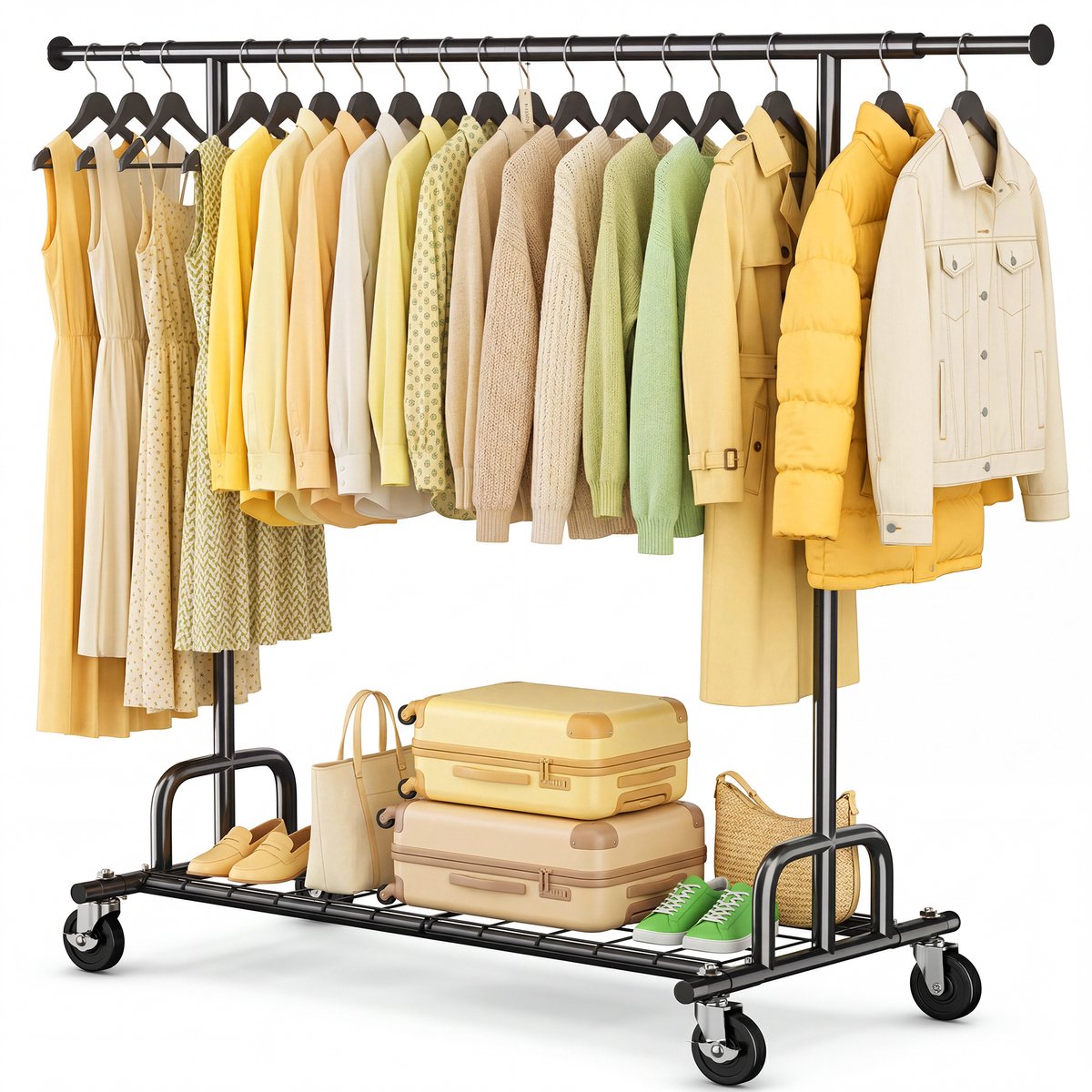 HOKEEPER Zwaar Kledingrek met Planken op Wielen–zwarte poedercoating staal, Uitschuifbaar 129-189 cm, Hoogte verstelbaar 167-180 cm, 238 kg draagvermogen, 4 wielen met rem, Industrieel design