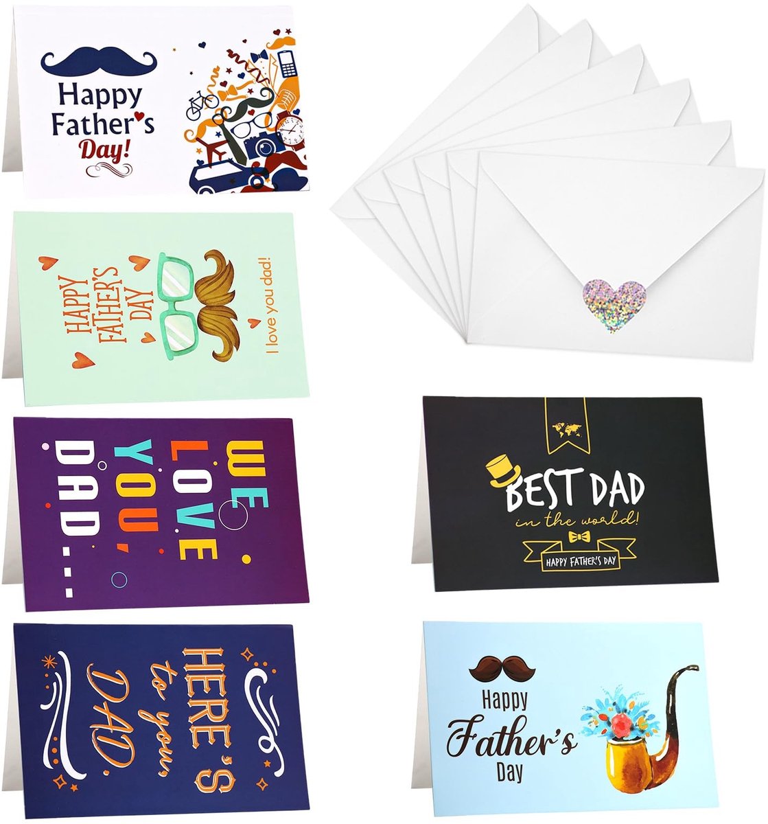 Dailygoody - Vaderdagkaart - Wenskaarten voor Vader - Inclusief Enveloppen en Stickers - 6 Stijlen - Beste Papa - Voor Vaderdag en Verjaardag